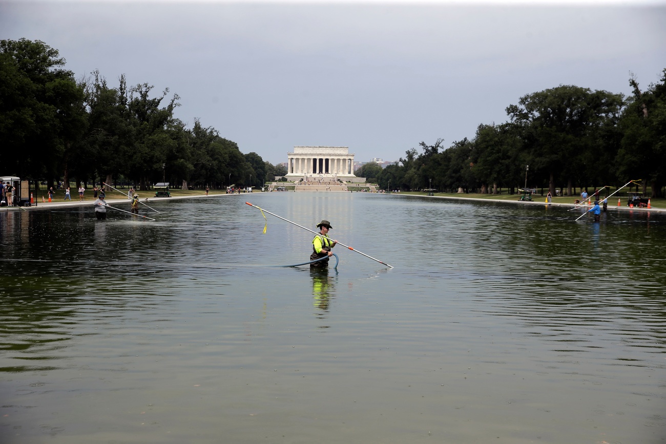Members of the National Park Service clean algae from the Lincoln Memorial Reflecting Pool on June 18.