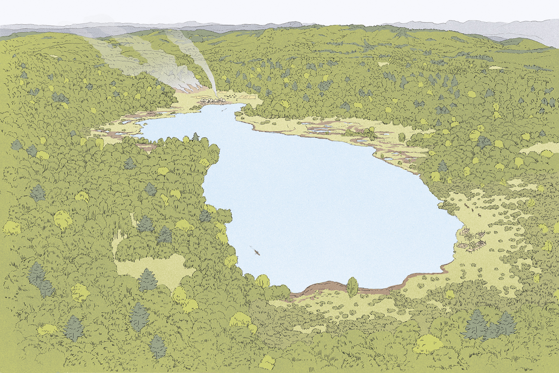 Représentation d'un lac entouré d'une forêt dense