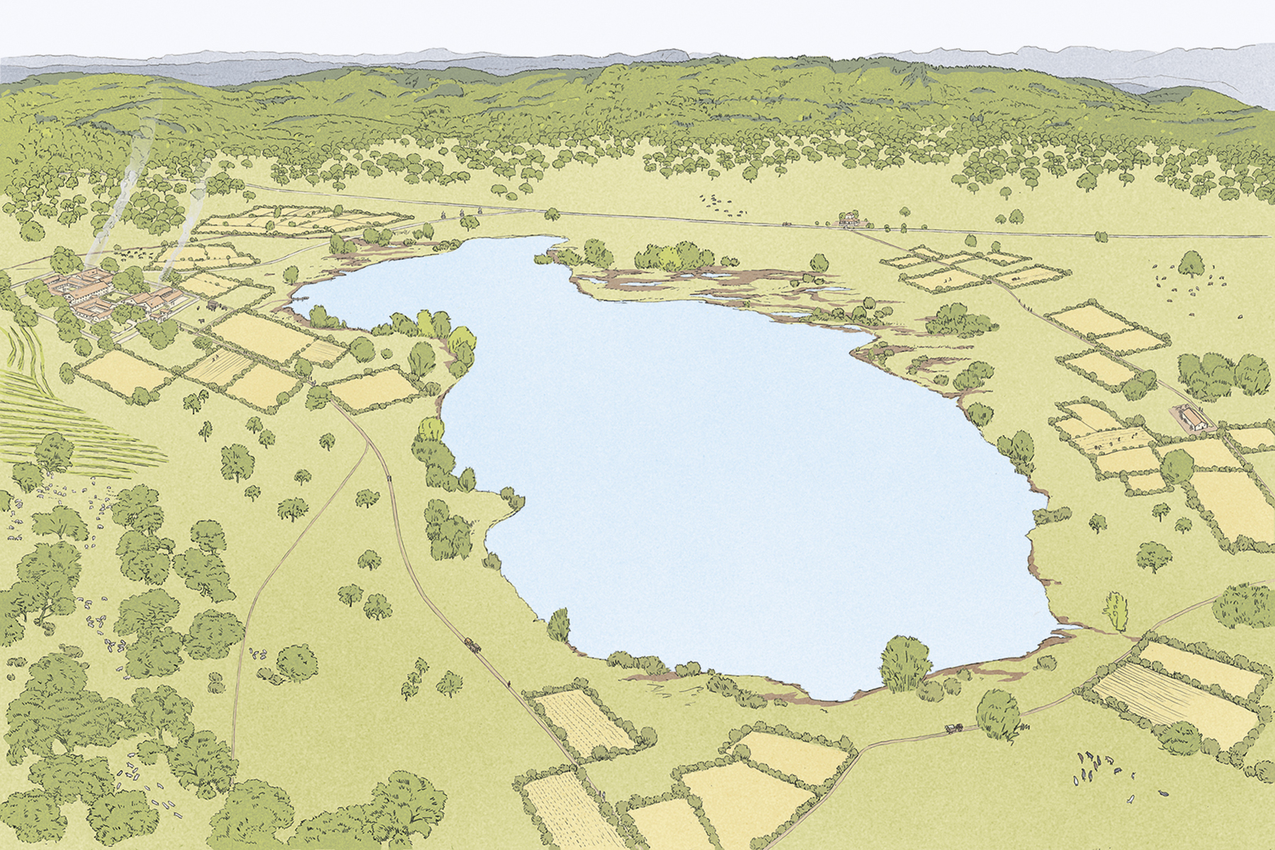 Représentation d'un paysage rural avec un grand lac, des champs aux alentours, des arbres isolés, des chemins et de petits bâtiments d'où s'élève de la fumée.