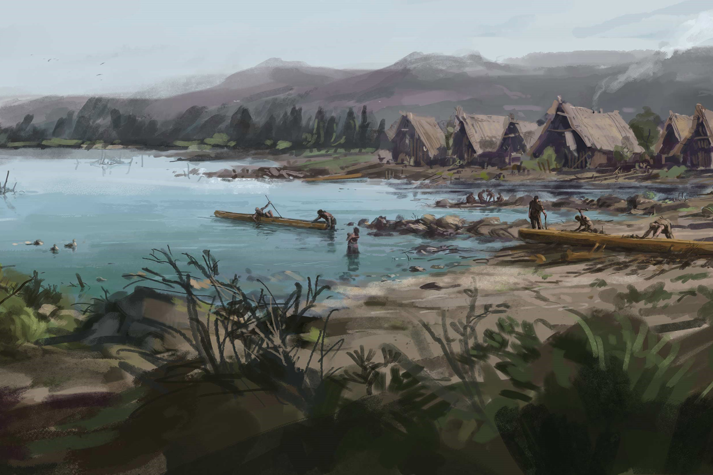 Village de pêcheurs au bord d'une rivière, avec des cabanes, des personnes en canoë et des collines en arrière-plan