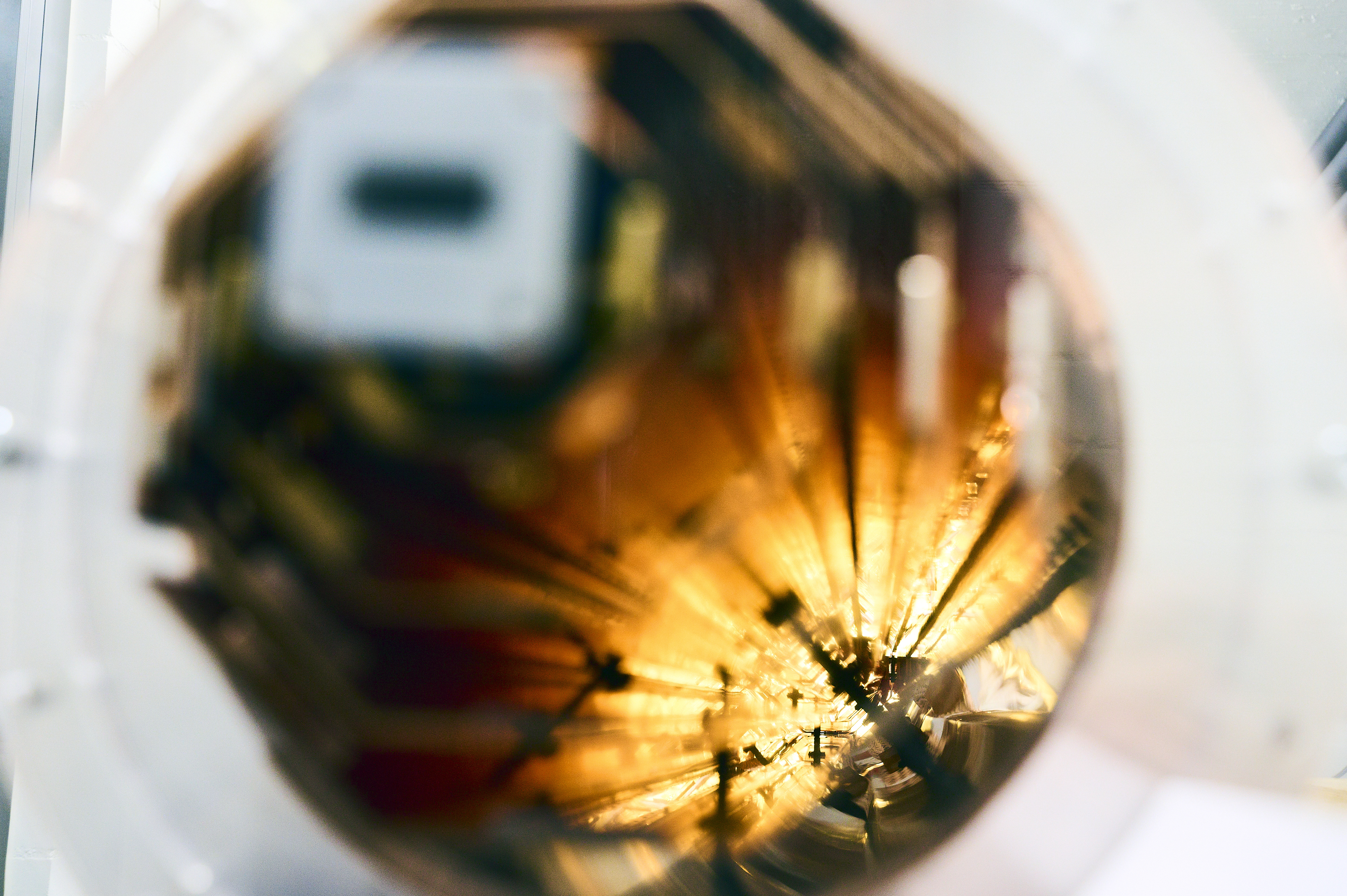 A view into the radiation shields (in cross-section) of the cryogenic quantum link that connected the two supercooling refrigerators in the experiment.