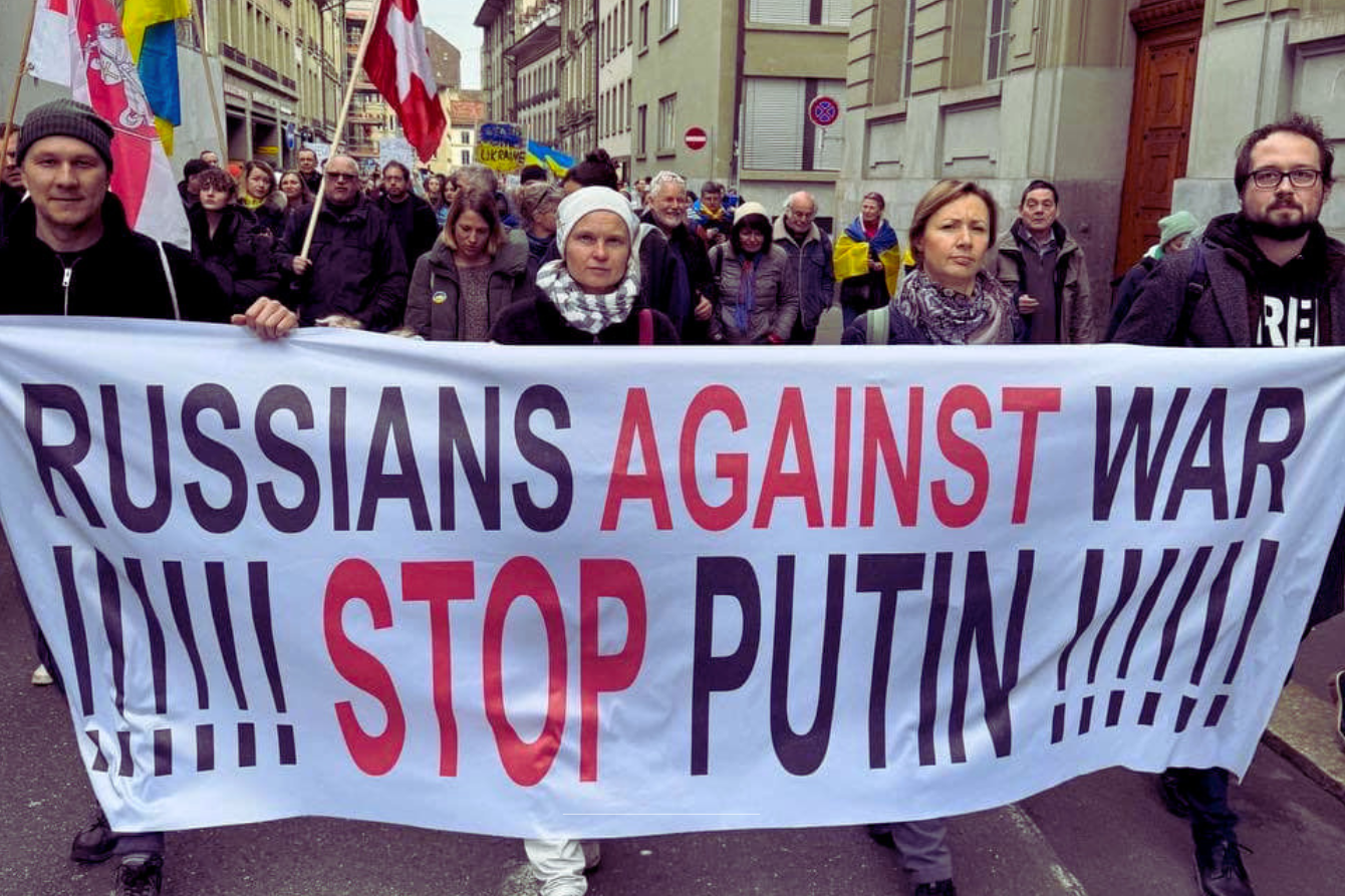 Participants attend a Russia of the Future community event advocating for peace in Ukraine, human rights, and democratic freedoms in Russia.