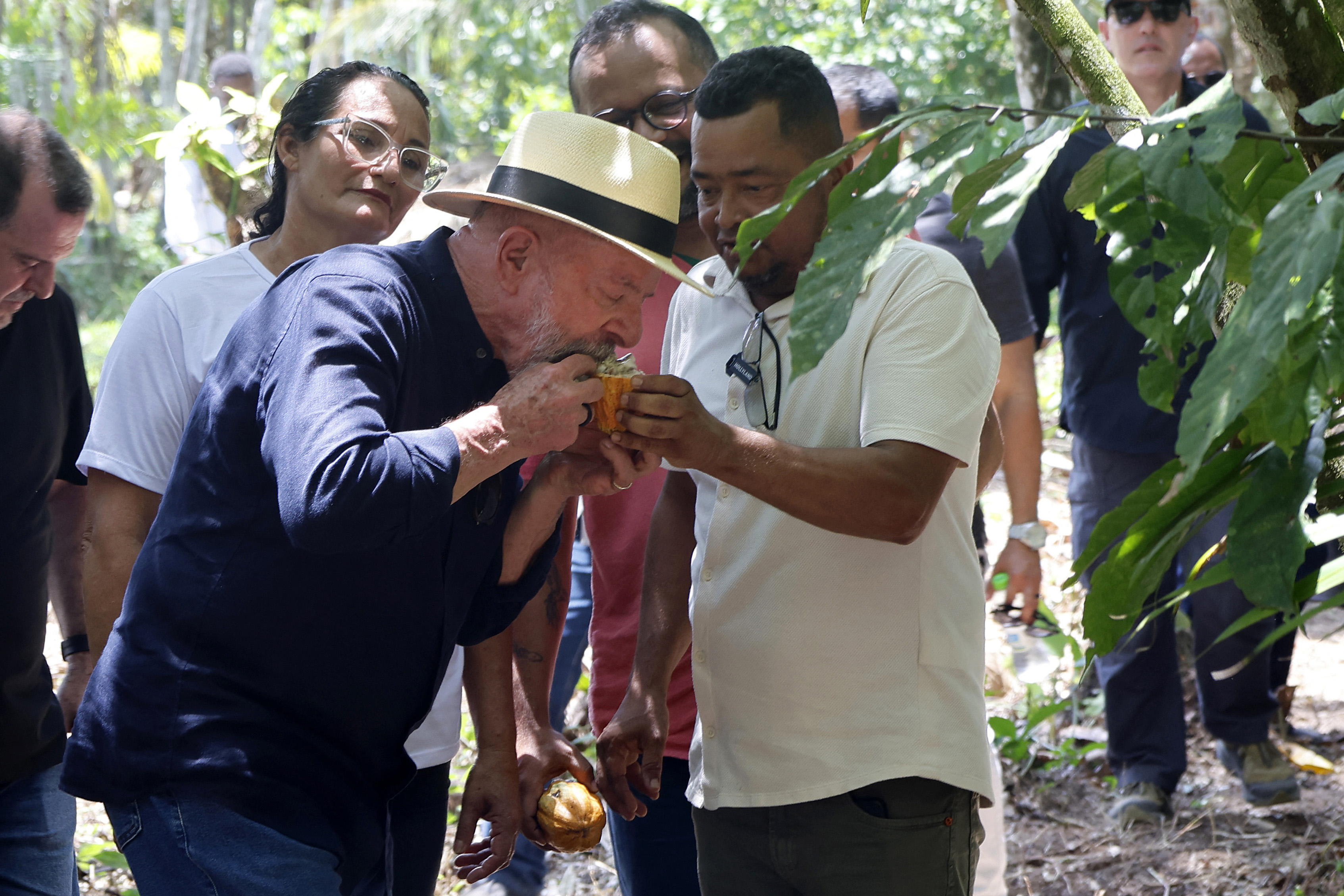 Brazilís President Luiz Inacio Lula tastes a cocoa fruit during a visit to Ilha Grande Agroextractive Settlement near Belem, Para State, Brazil on November 3, 2025.
