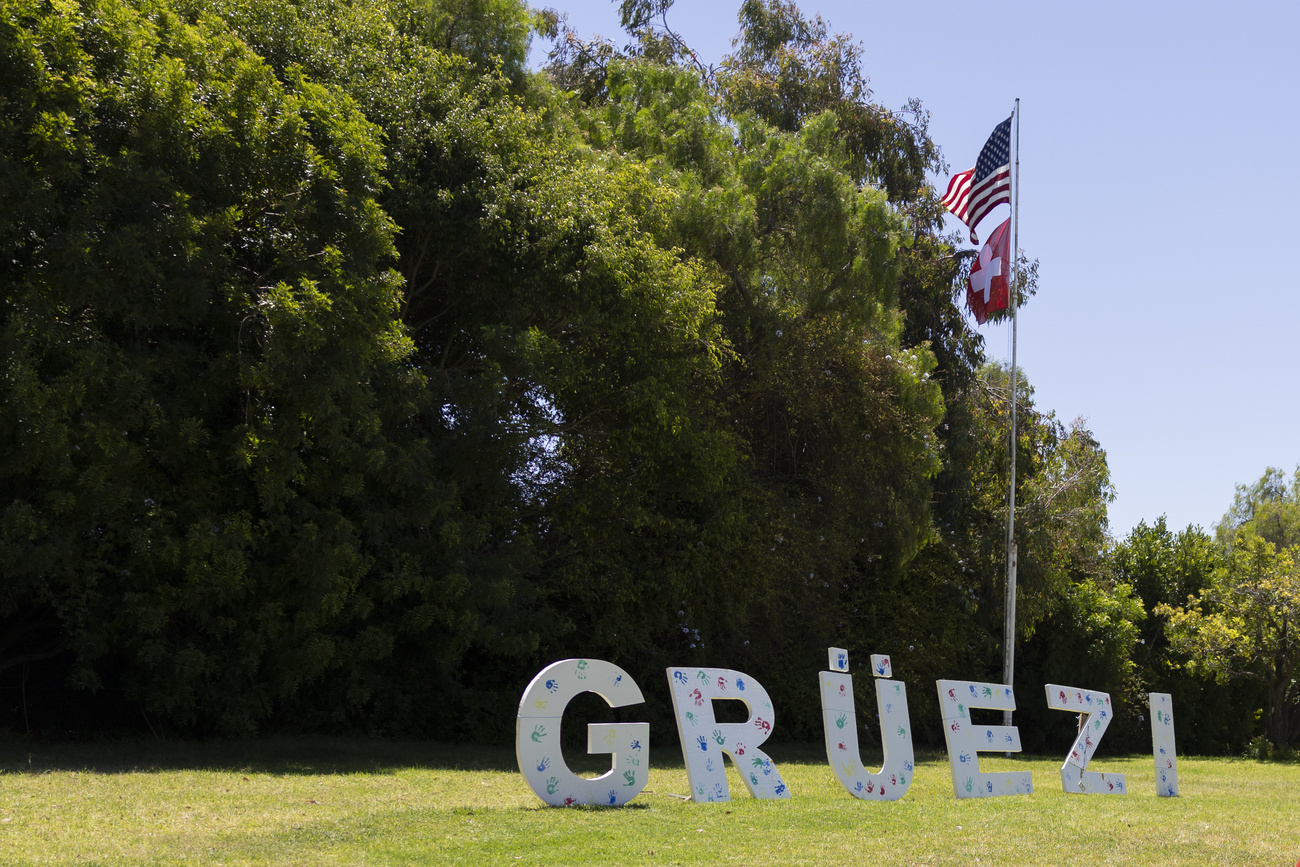 scritta "gruezi" su un prato in ci sono la bandiera svizzera e quella usa
