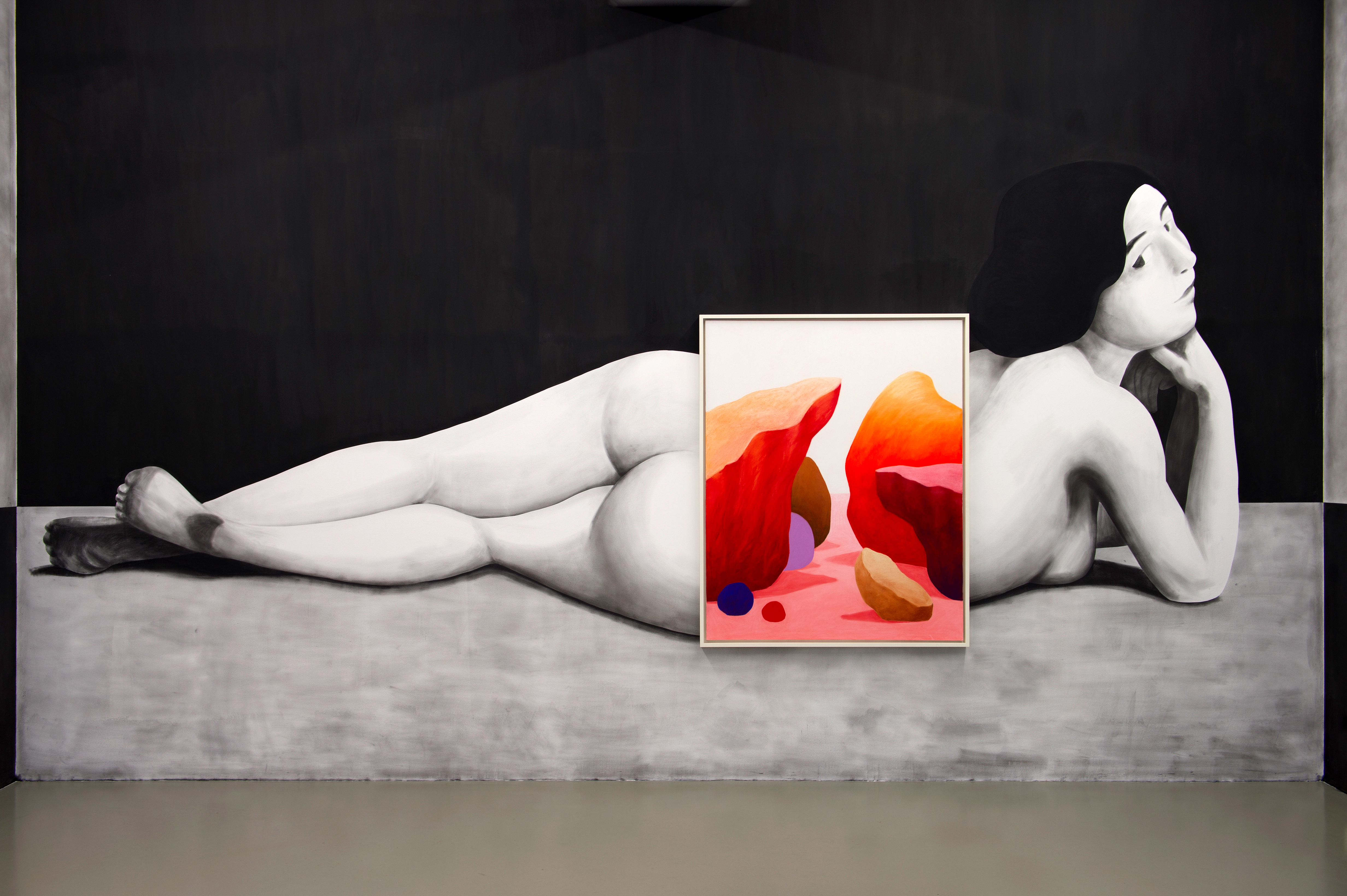 Instantly recognisable as Party’s work, frames are placed against walls entirely covered by his murals, turning the exhibition architecture itself into a temporary artwork.  Exhibition: Pastel et nu, Centre culturel suisse, Paris, 2015 