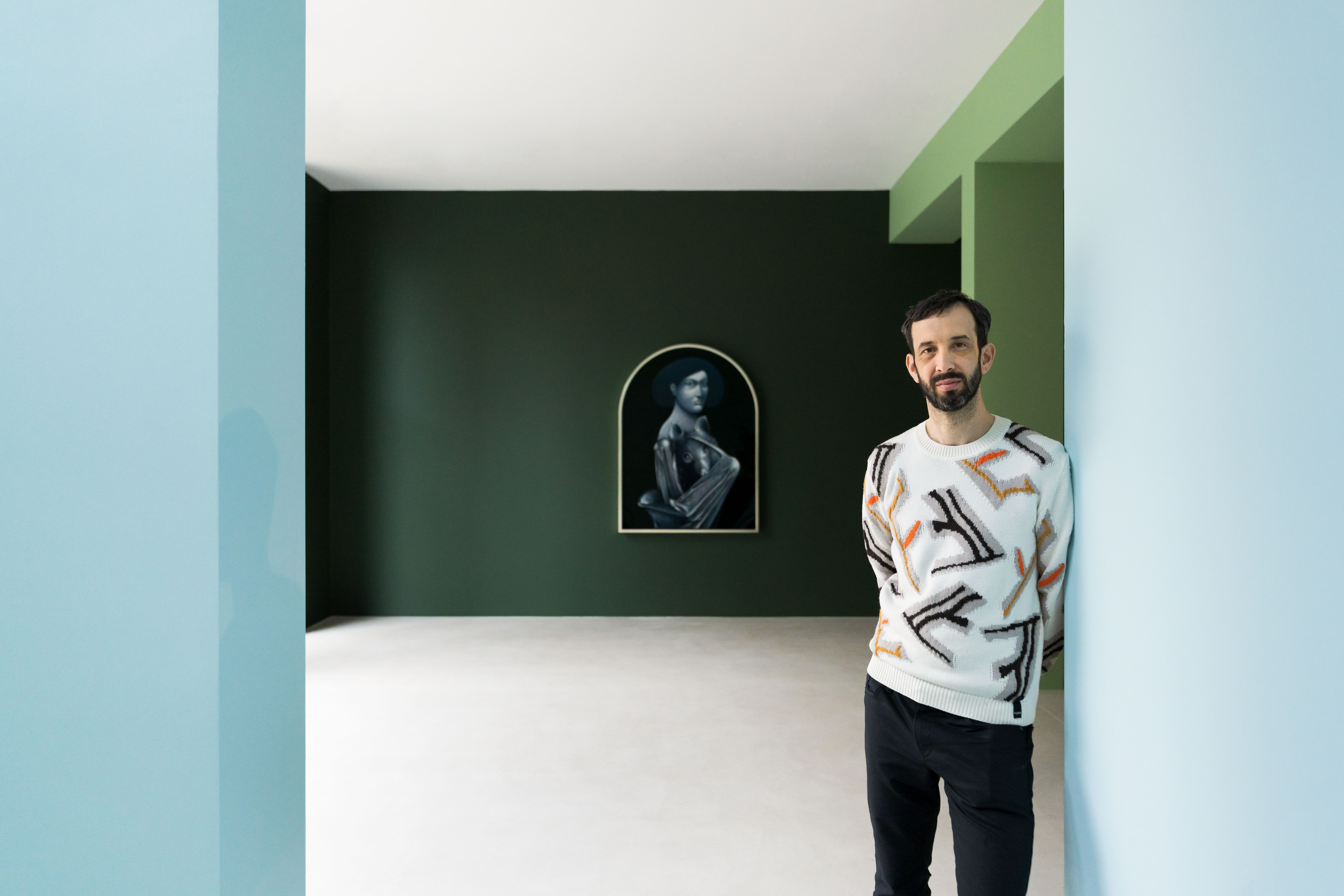 The Swiss artist photographed at his most recent exhibition, "Toile d'Aragneés" (Web of spiders), at gallery Xavier Hufkens, Brussels.