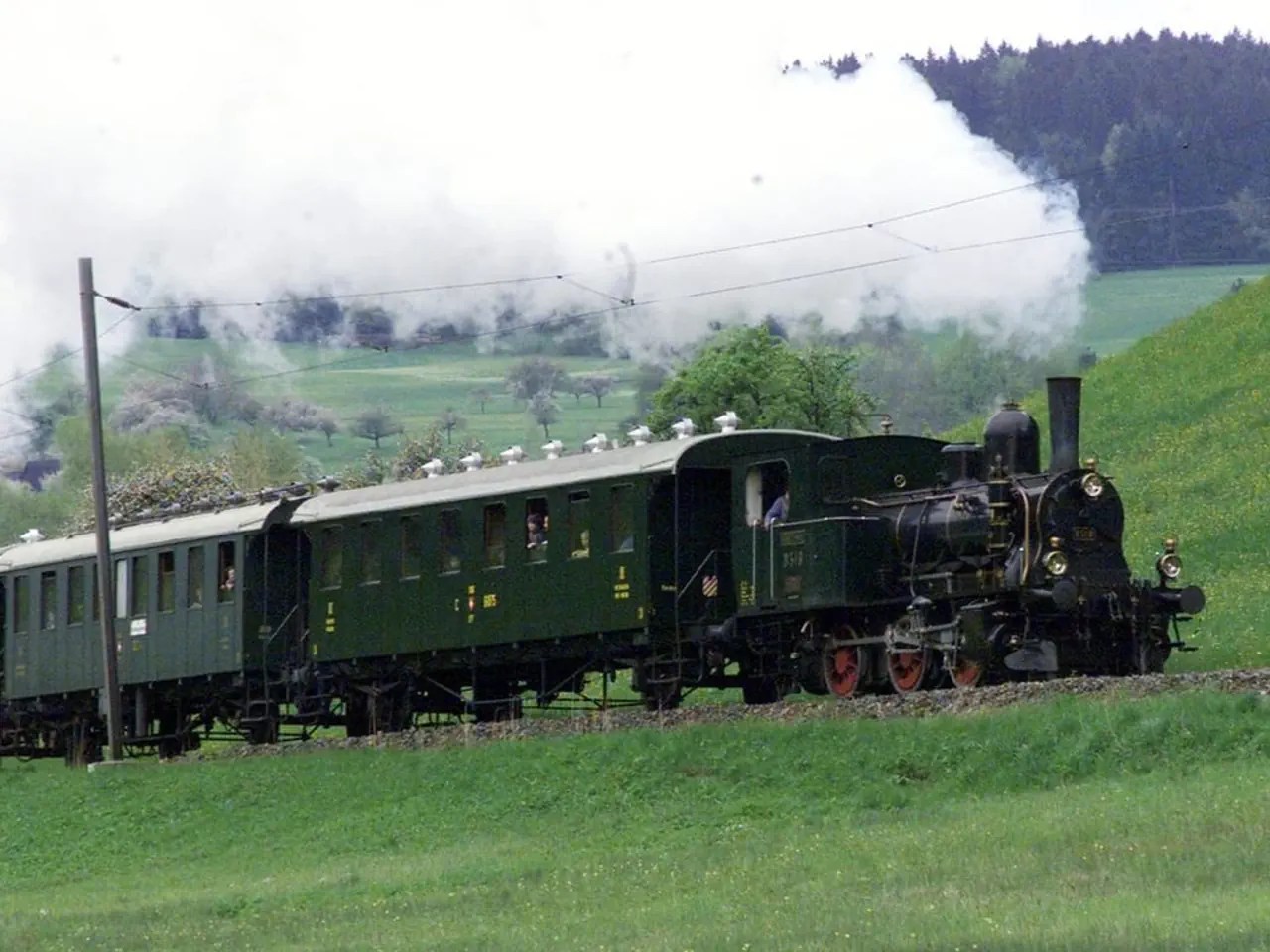 Une composition de l'association des trains à vapeur de l'Oberland zurichois, photographiée en 2002 entre Hinwil et Bauma.