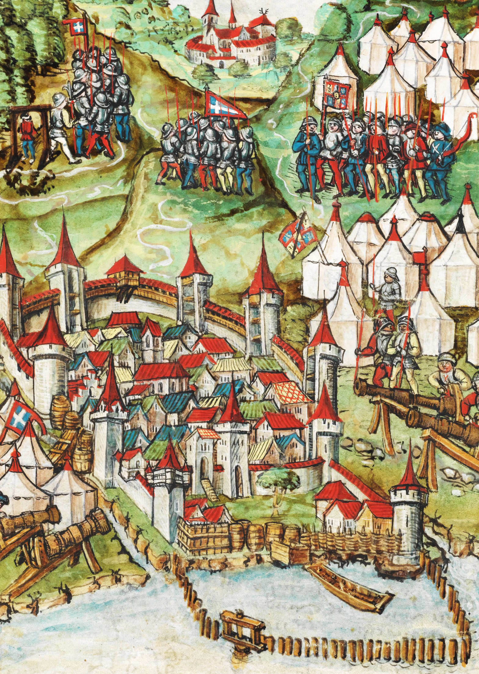 Methode des Mittelalters: Belagerung von Murten auf einer historischen Darstellung.