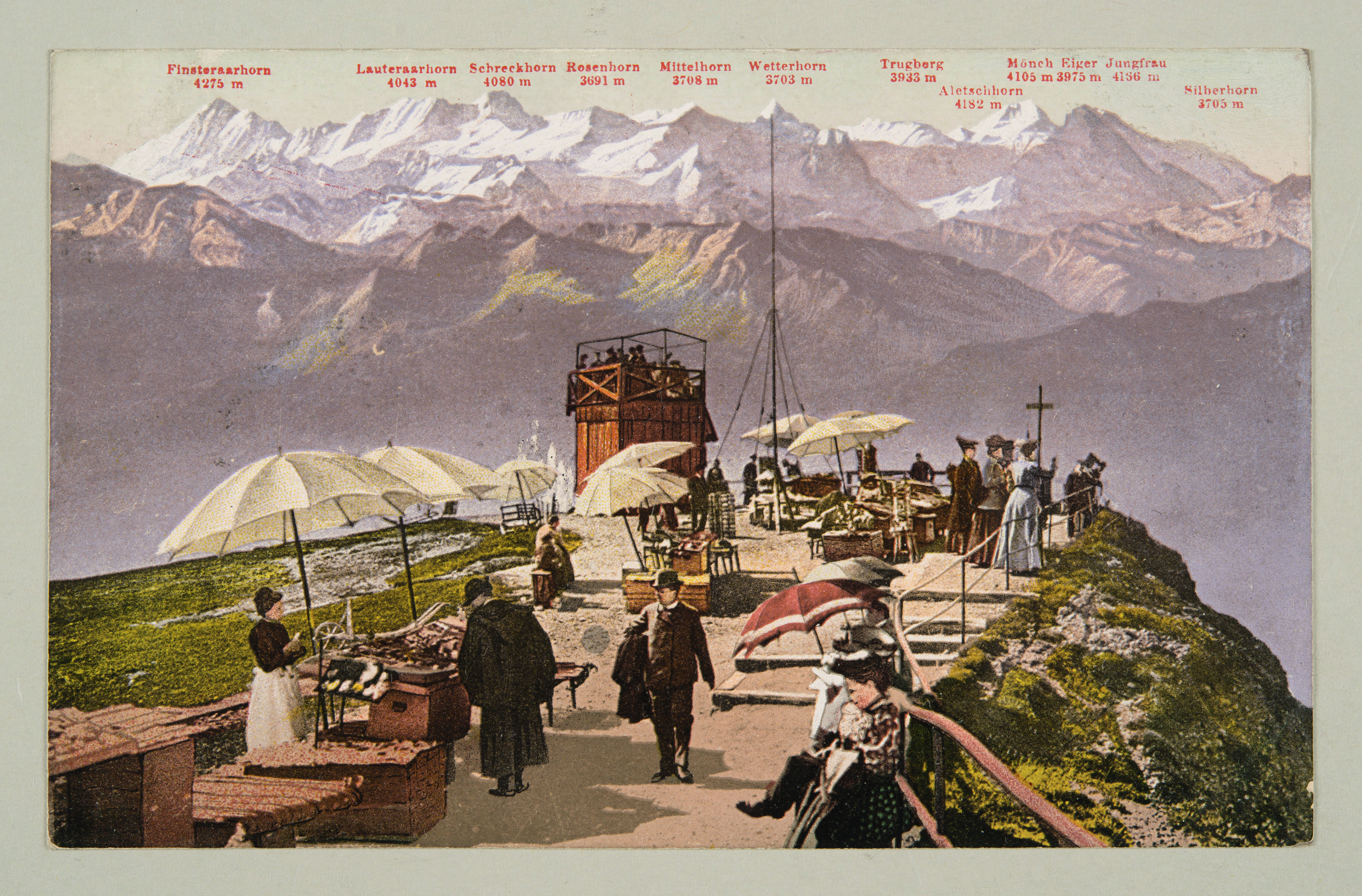 Cartolina postale raffigurante turisti sul Rigi-Kulm con vista sulle Alpi bernesi, Edizione Photoglob, 1910 circa