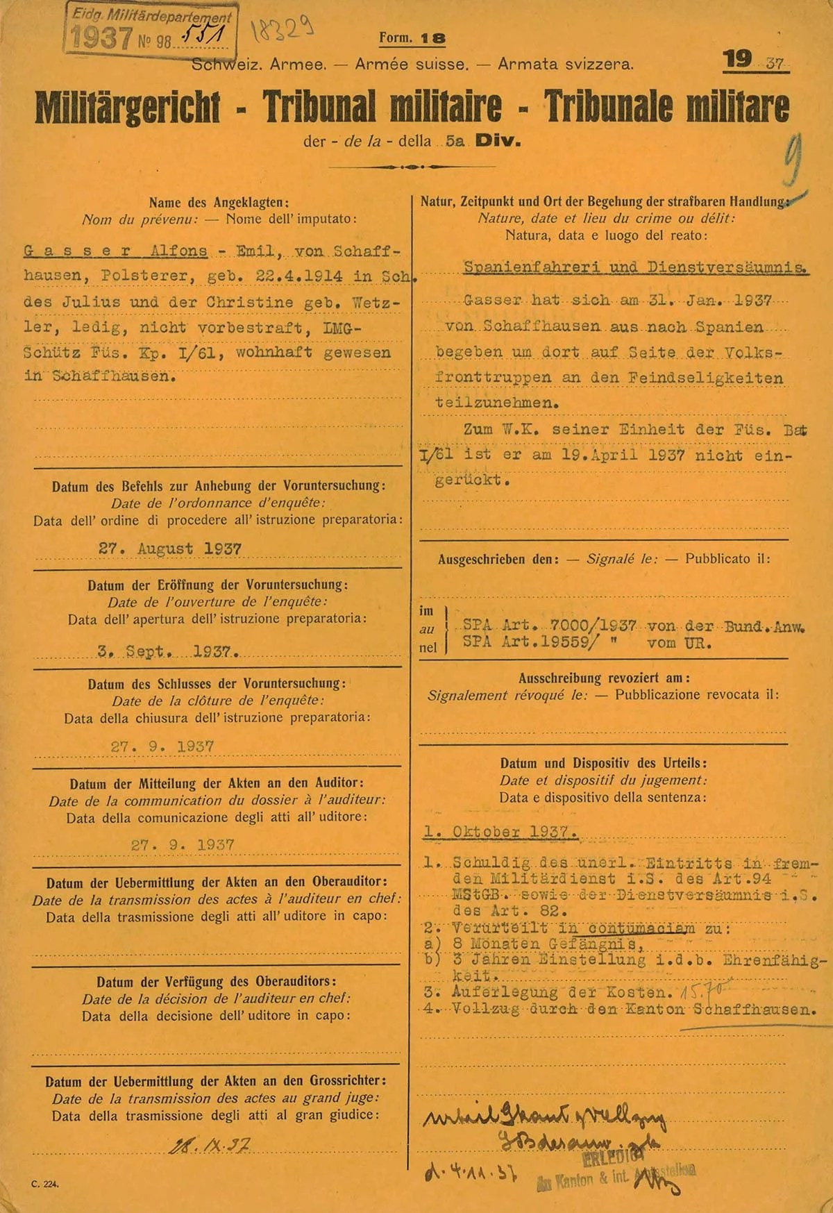 Condamnation écrite d'un volontaire suisse à la Guerre d'Espagne.
