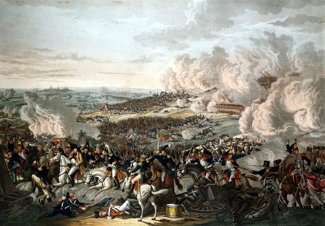 Gravure colorée, bataille de Waterloo