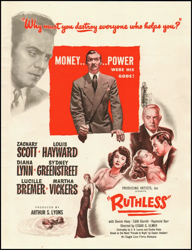 Vintage poster of "Ruthless" (1948).