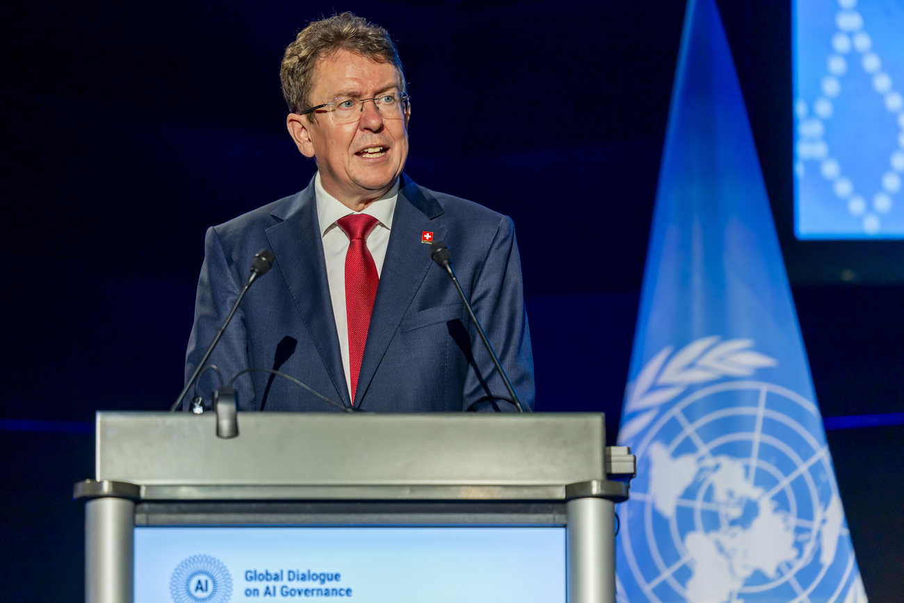 Federal Councillor Albert Rösti, minister of the Federal Department of the Environment, Transport, Energy and Communications, pictured here speaking at the Global Dialogue on AI Governance at Palexpo in Geneva on Monday, July 6, 2026.