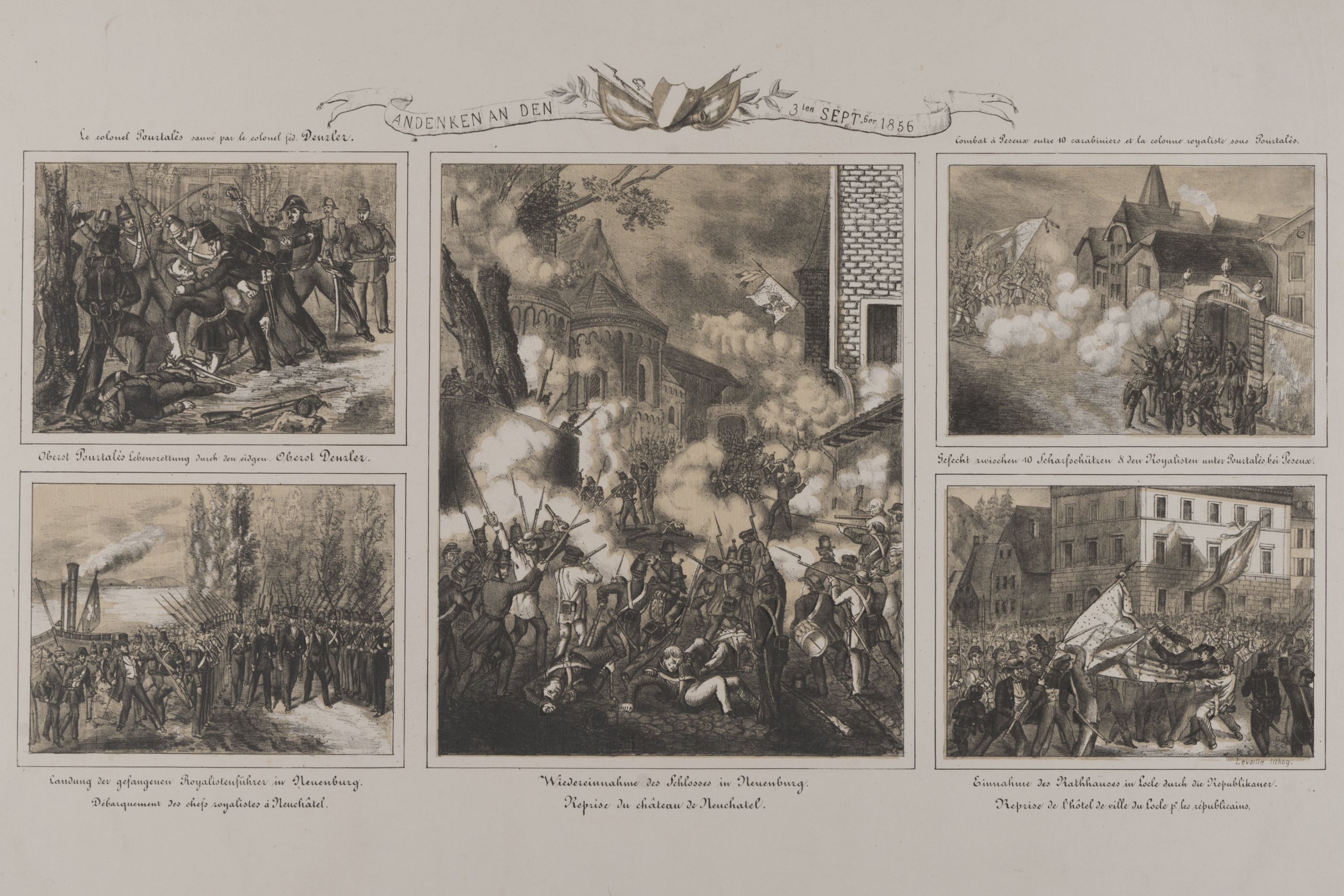 Collage historique composé de gravures en noir et blanc