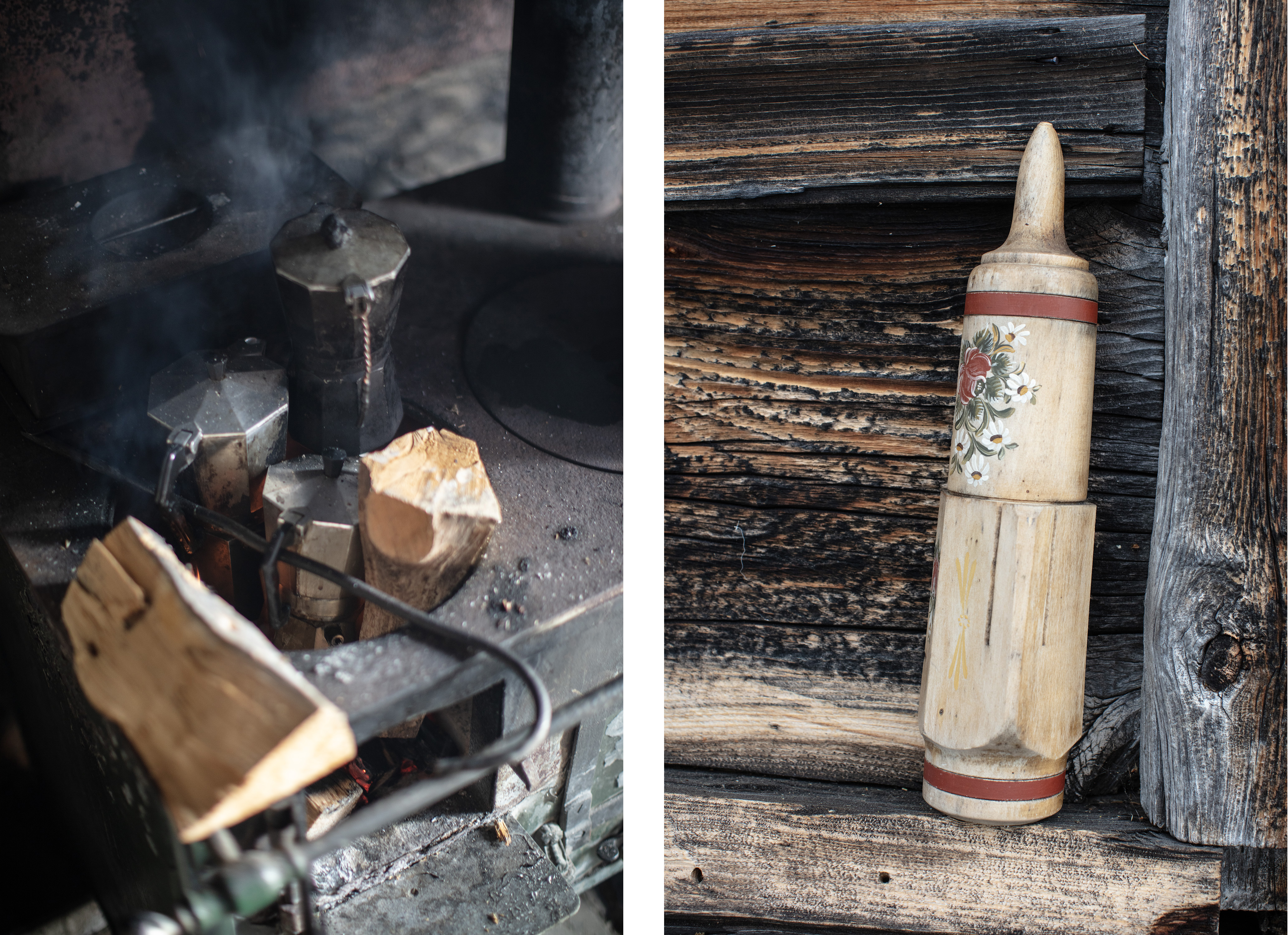 Drei Kaffeekannen auf einem Holzofen (links) und ein traditioneller Schleifsteinhalter aus Holz (rechts)