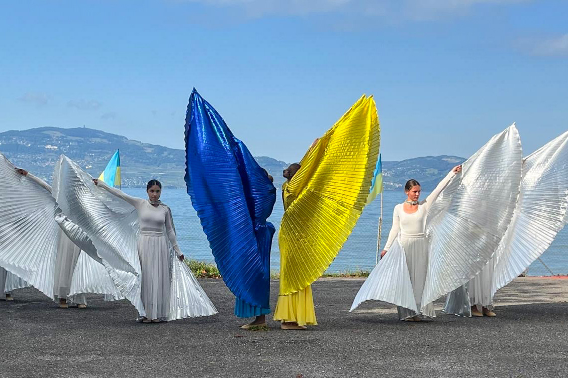 Girls from the children’s home during a festive performance, dressed in the colours of the Ukrainian national flag.