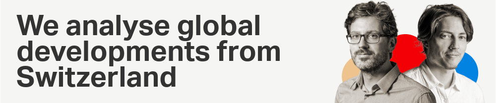 Banner with the headline “We analyse global developments from Switzerland” on a light grey background. Two black-and-white portrait photos appear on the right, overlaid with red, gold, and blue circular graphic elements.