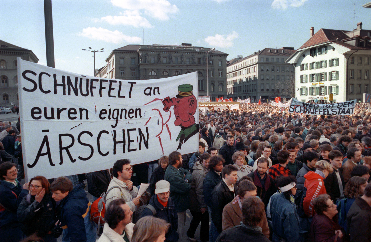 The surveillance scandal generated street protests (pictured in 1990)