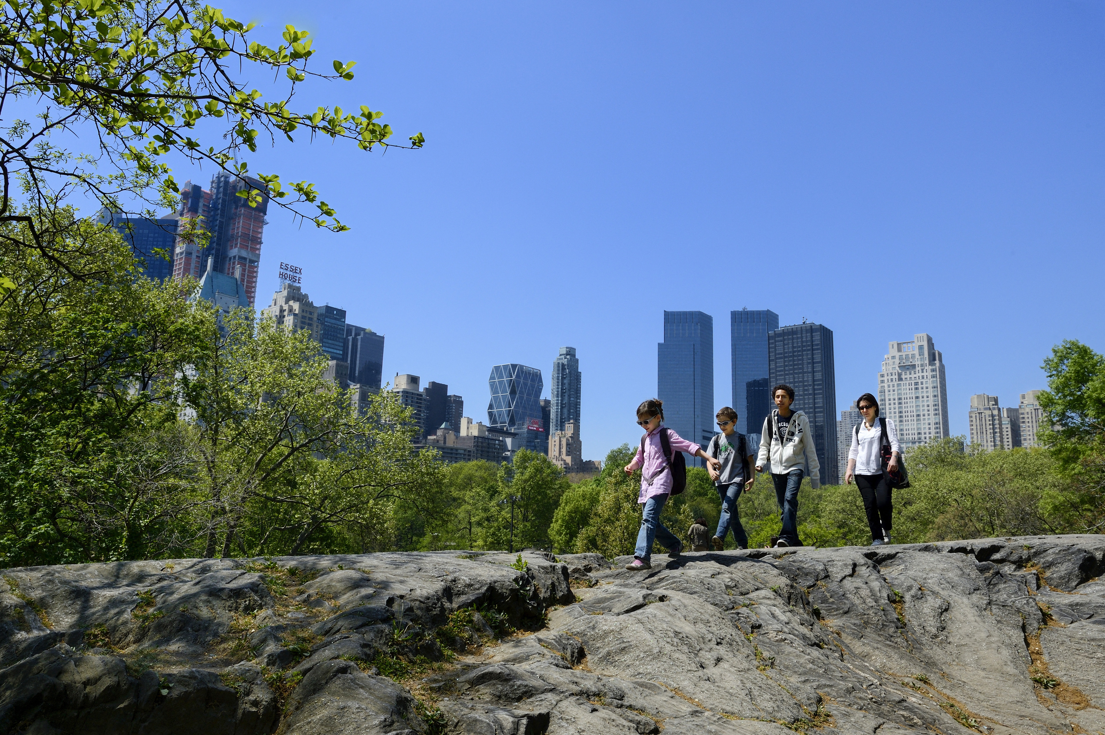 Children and adults strolling through Central Park.