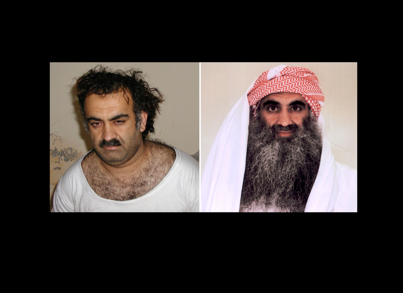 صورتان لخالد شيخ محمد؛ الأولى بعد اعتقاله في باكستان عام 2003، والثانية في معتقل غوانتنامو عام 2009.