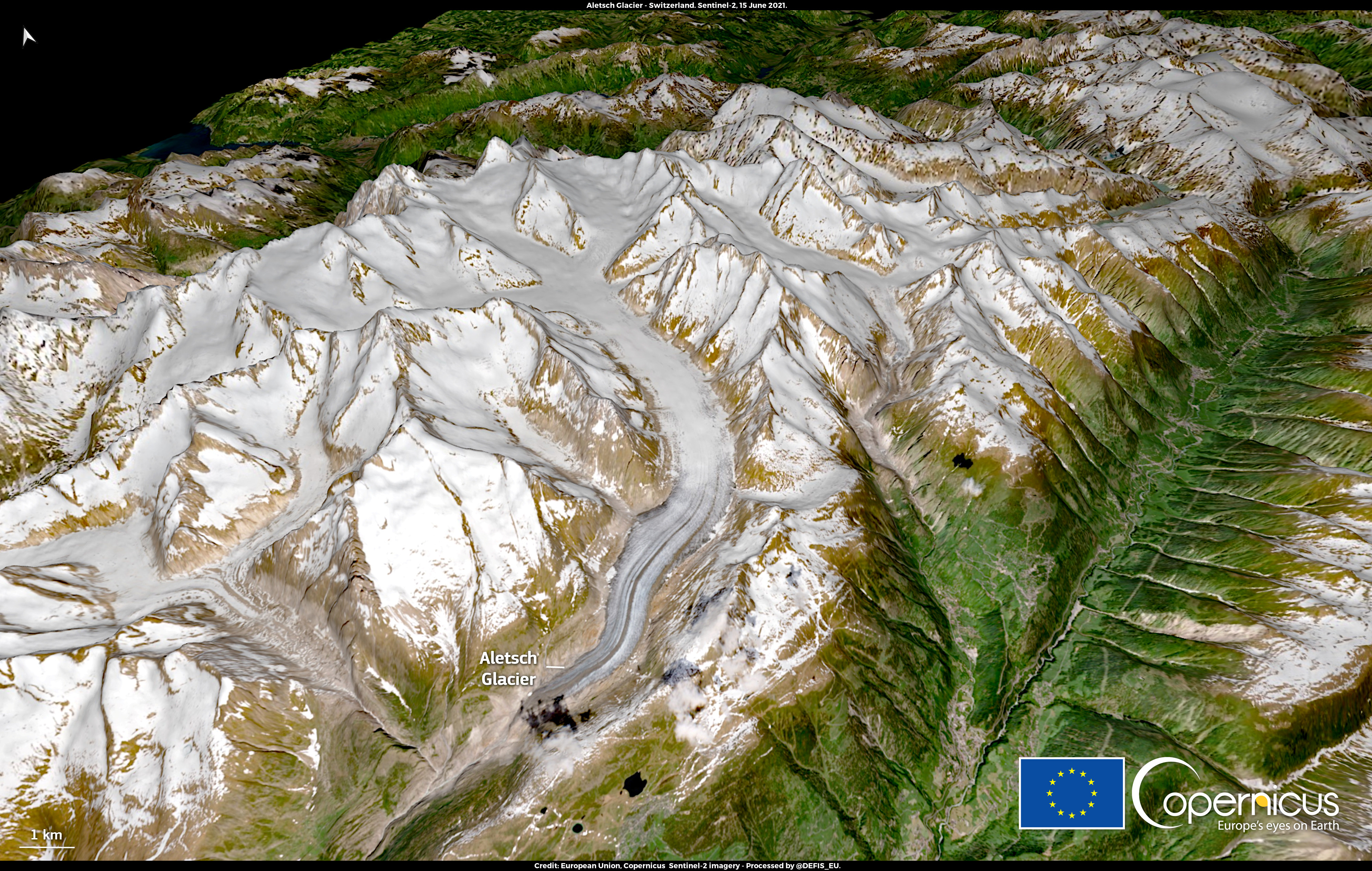 This three-dimensional visualisation of the image acquired by one of the Copernicus Sentinel-2 satellites on 15 June 2021, shows the Aletsch Glacier in the Swiss Alps.