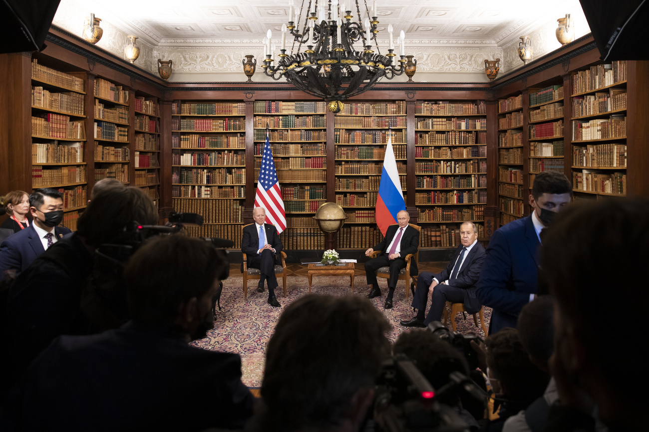 US President Joe Biden, left, and Russian President Vladimir Putin and Russian Foreign Minister Sergey Lavrov, from left during their meeting at the US - Russia summit at the Villa La Grange, in Geneva, Switzerland, Wednesday, June 16, 2021.