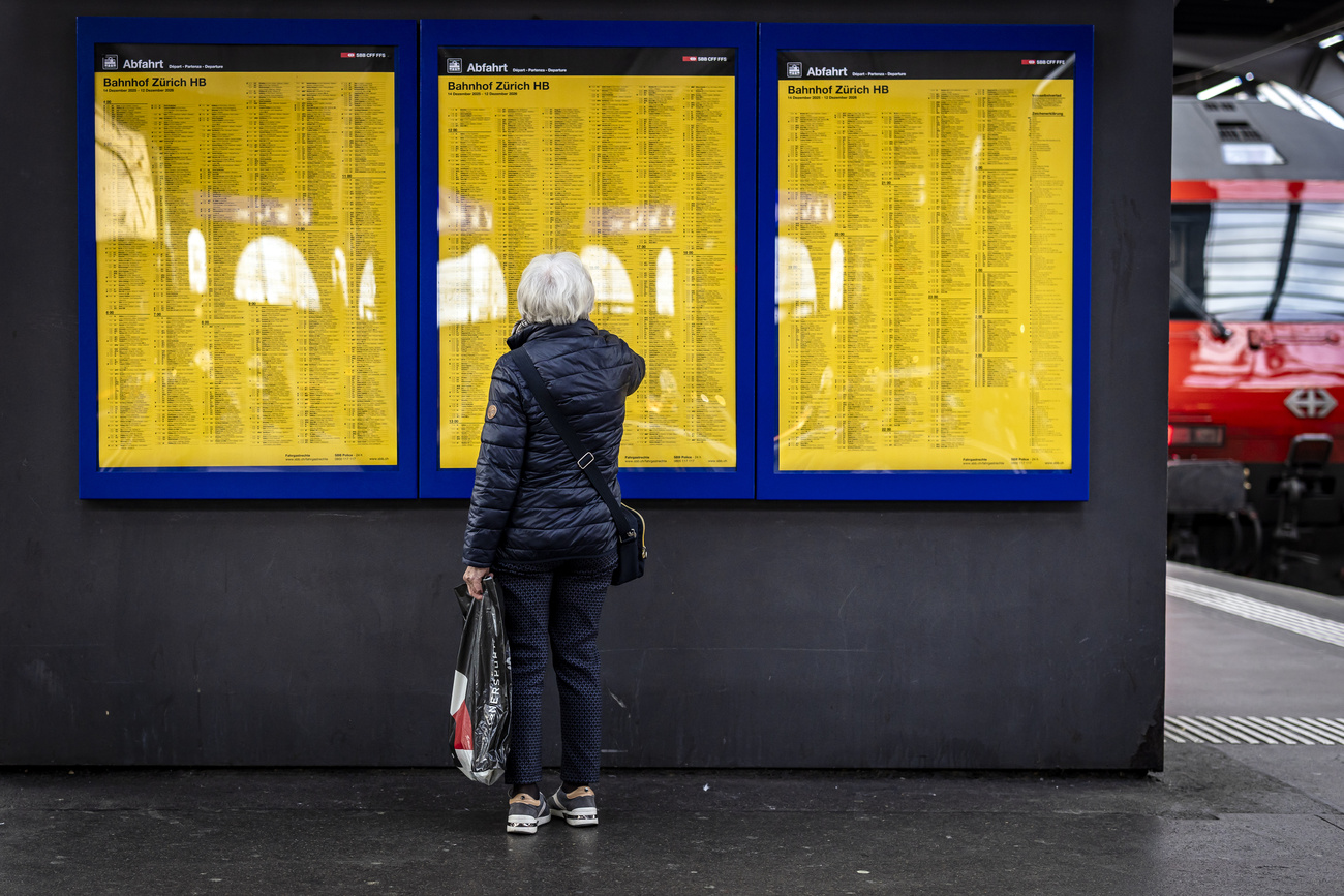 persona osserva pannelli con orari di partenza dei treni in una stazione svizzera