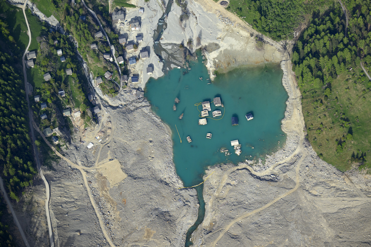 Aerial view of the Swiss mountain village of Blatten, which was engulfed by a massive landslide following a glacier collapse on 28 May 2025.