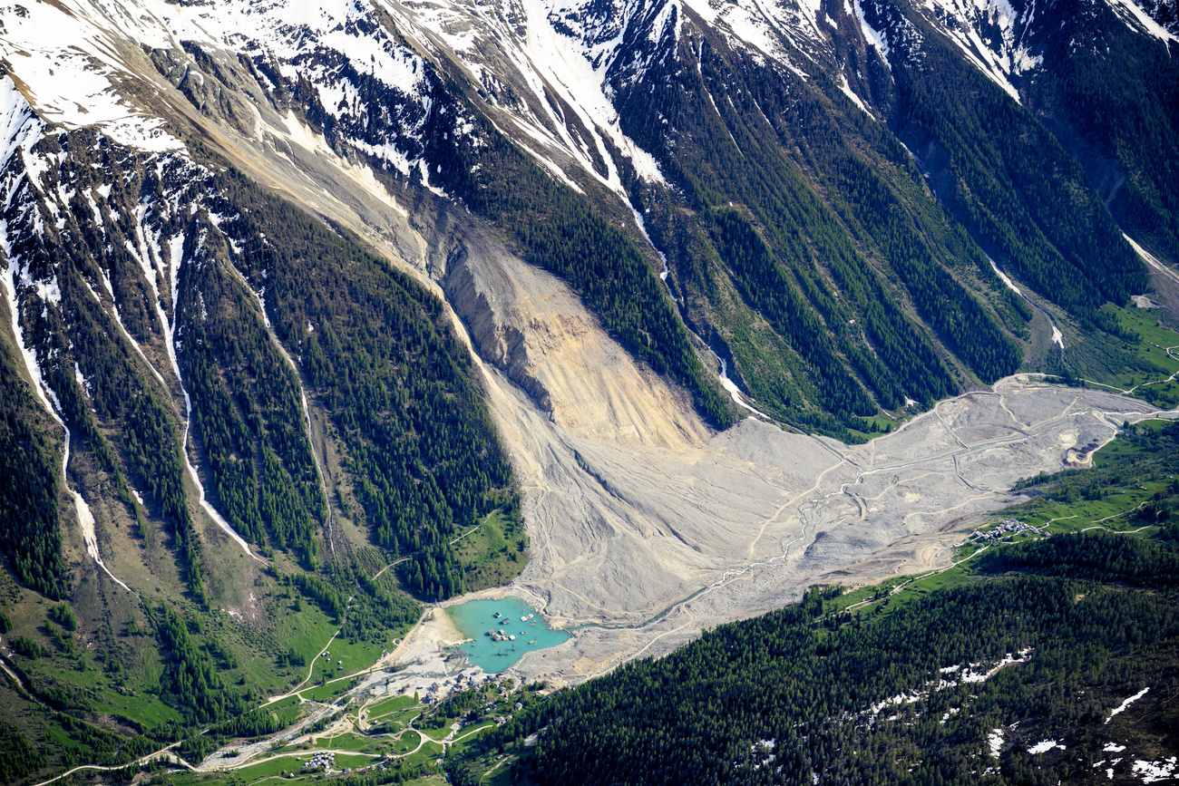 A view of the massive landslide and debris field caused by the collapse of the Birch Glacier, which unleashed nine million cubic metres of rock, ice and debris into the Loetschental Valley.