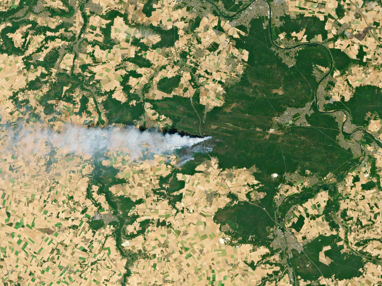 This satellite image taken by Copernicus Sentinel Data 2026 on July 13, 2026 shows the smoke from a wildfire in the forest of Fontainebleau,southeast of Paris. The fire that broke out on July 12 and swept through 800 hectares of the Fontainebleau forest, southeast of Paris, "could" have been "deliberately started," France's Interior Minister stated at the scene on July 13, 2026. (Photo by Handout / COPERNICUS SENTINEL DATA 2026 / AFP) / RESTRICTED TO EDITORIAL USE - MANDATORY CREDIT "AFP PHOTO / COPERNICUS SENTINEL DATA 2026 " - HANDOUT - NO MARKETING NO ADVERTISING CAMPAIGNS - DISTRIBUTED AS A SERVICE TO CLIENTS (KEYSTONE/COPERNICUS SENTINEL DATA 2026/HANDOUT)