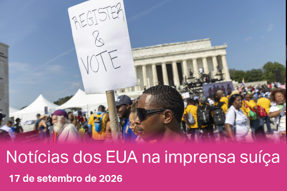 Participantes da manifestação «Marcha em Washington — 2026: Defendamos o Direito de Voto» (2026 March on Washington: Defend the Vote) na capital dos EUA, 28 de agosto de 2026.