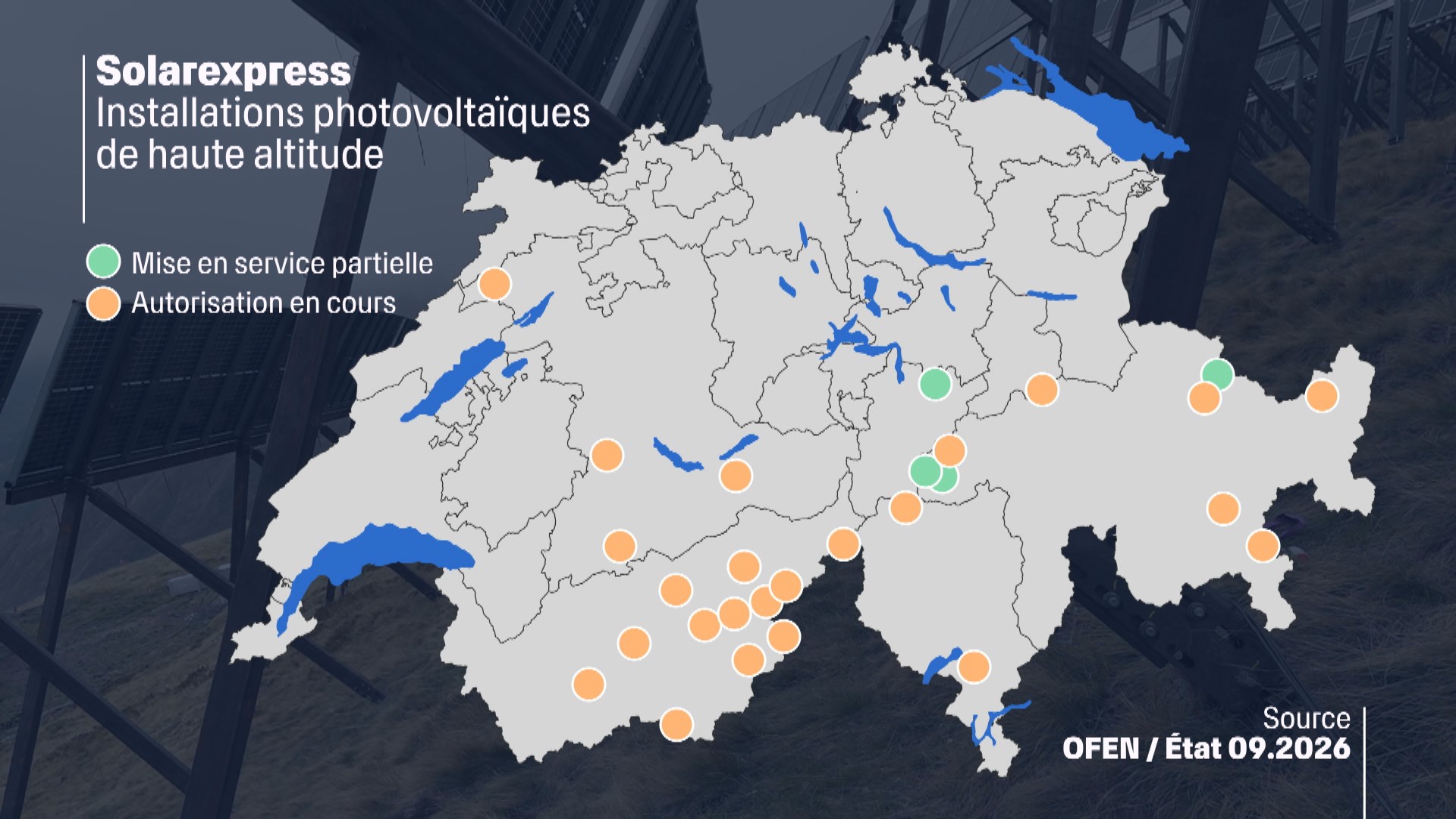 carte de la suisse qui montre les projest de solaire alpin