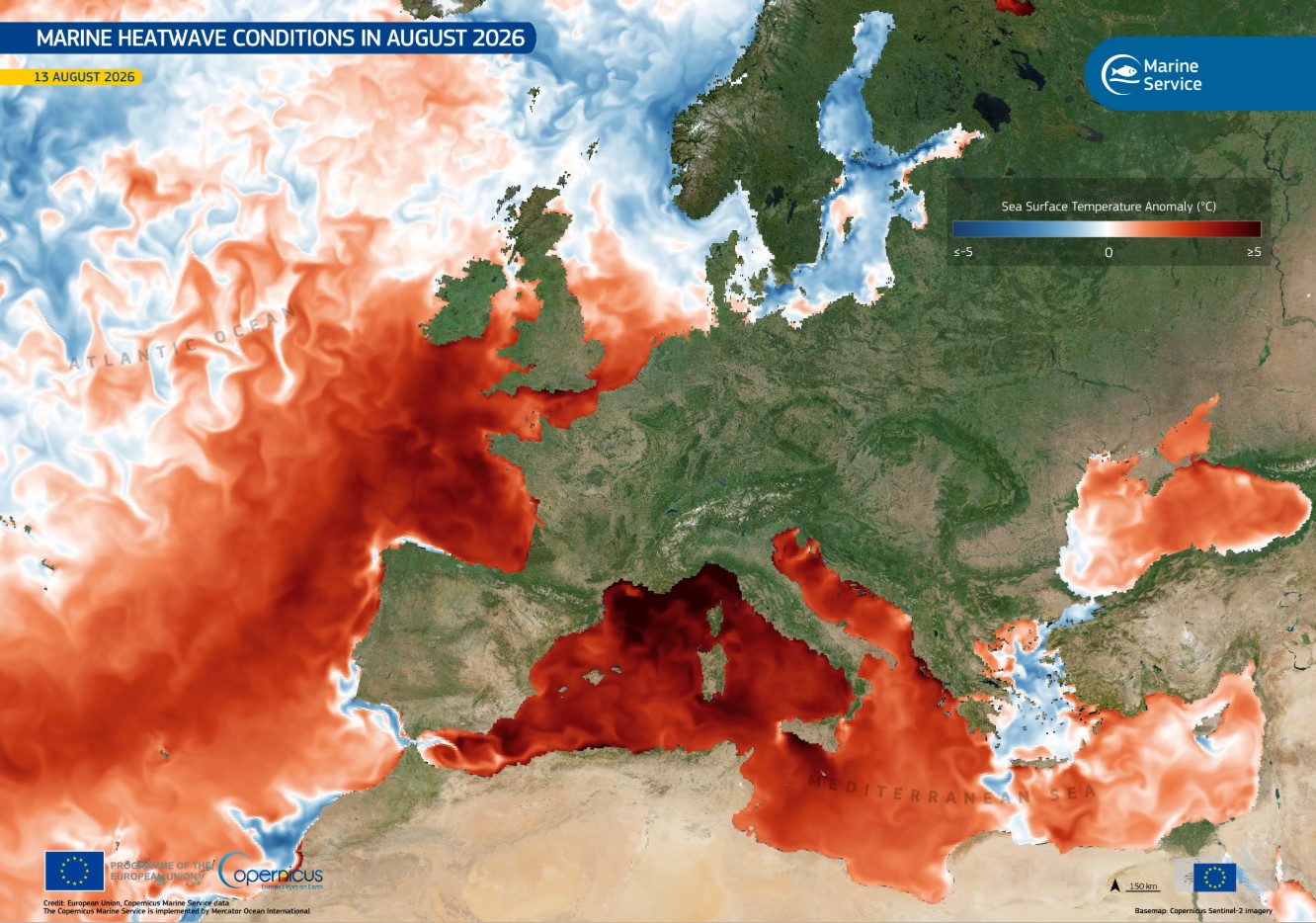 This data visualisation, based on Copernicus Marine Service data for 13 August 2026, shows sea surface temperature anomalies across the Mediterranean Sea and the adjacent Atlantic. Red and dark red tones indicate areas where sea surface temperatures were above the long-term average.