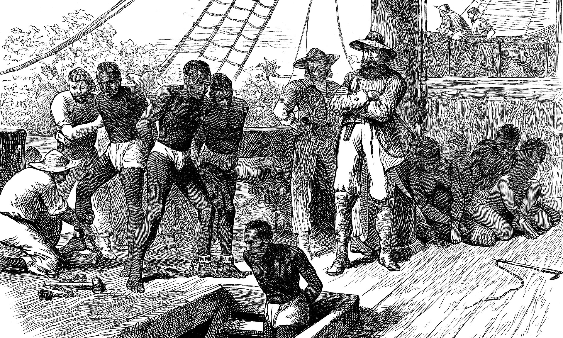Zeitgenössische Darstellung vom Beladen eines Sklavenschiffs, um 1880.