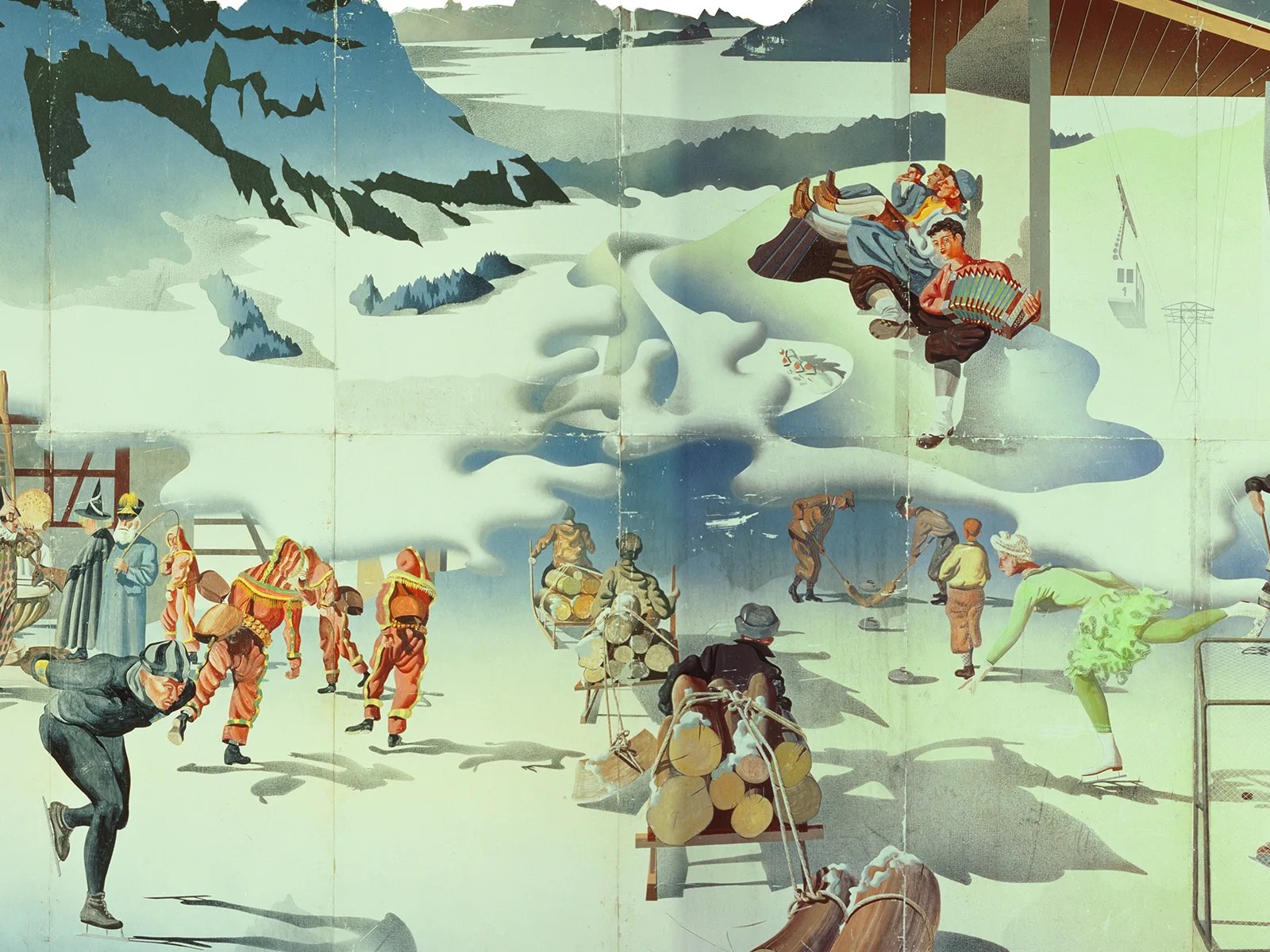 Extraits de la fresque «La Suisse, pays de vacances des peuples» de Hans Erni, 1939.