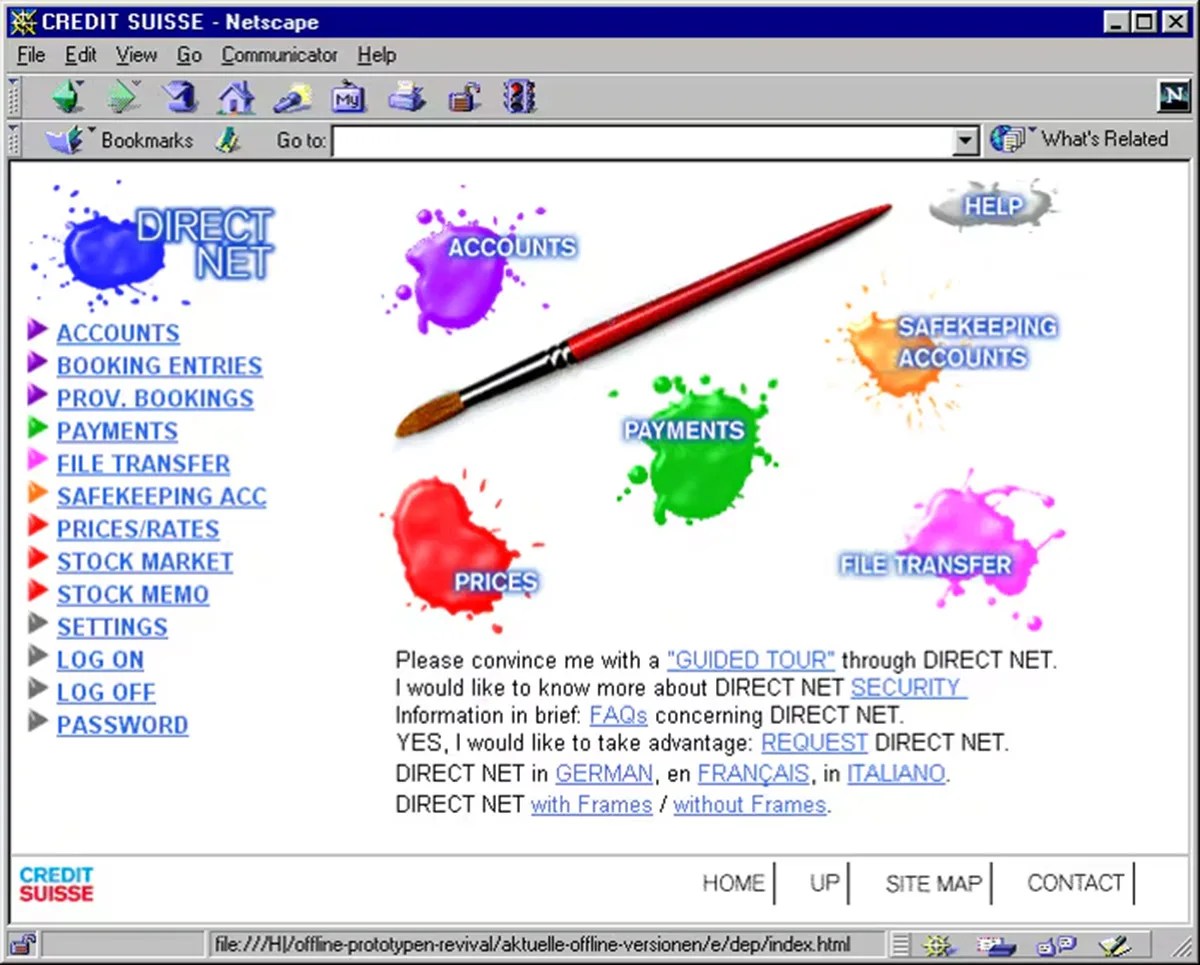 «Direct Net», die erste E-Banking-Website der Schweiz, wurde im April 1997 lanciert. Screenshot der Startseite.