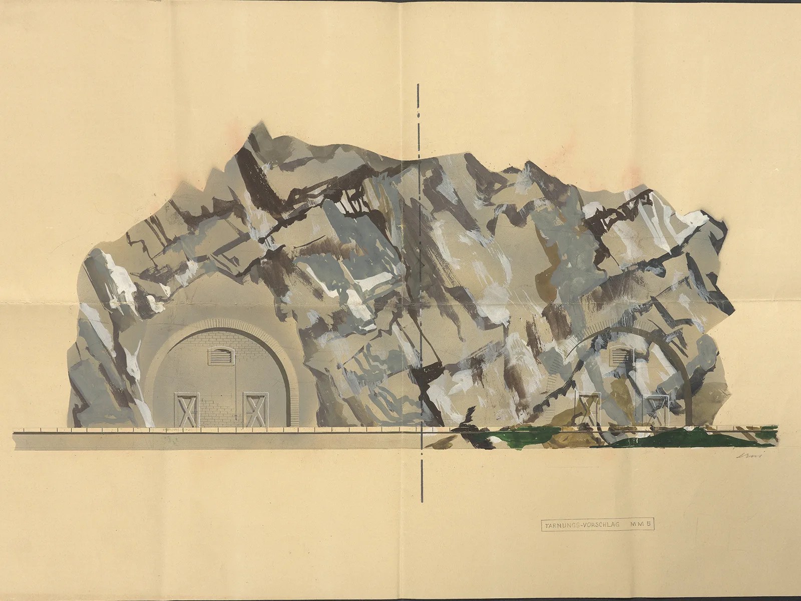 Entwurf einer Tarnung von Hans Erni für das Munitionslager MM5 Rynächt, 1940.
