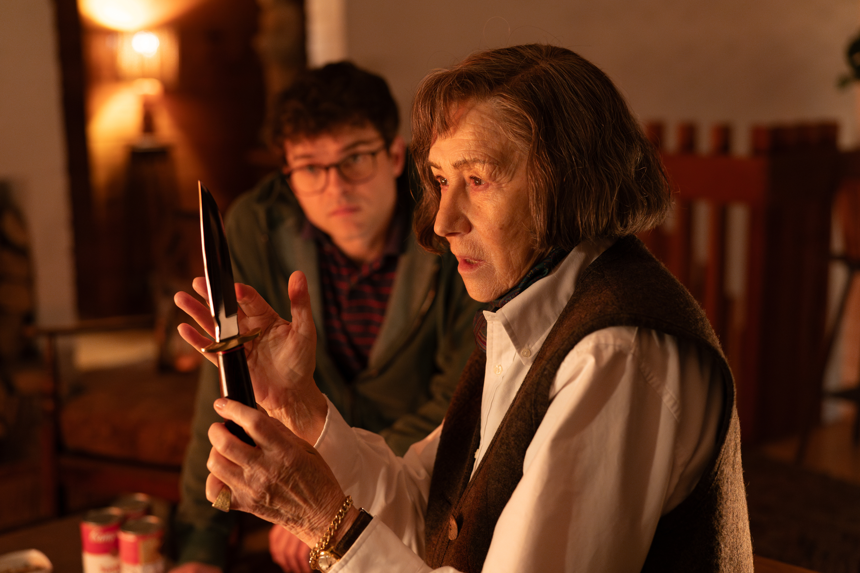 Helen Mirren and Alden Ehrenreich in a scene of 'A Talent for Murder'.