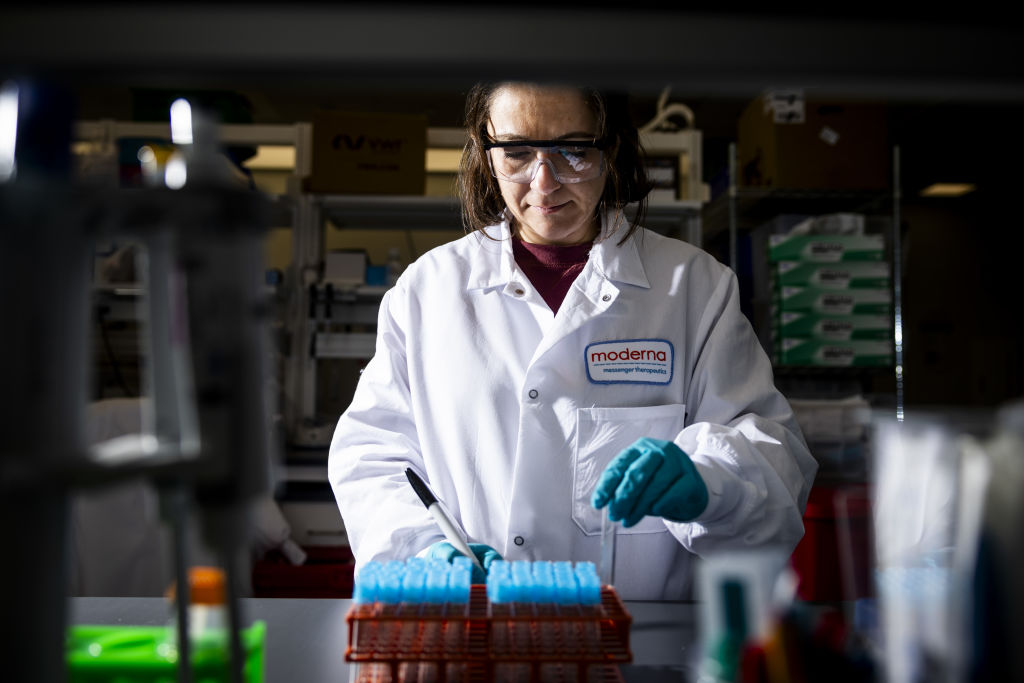 A scientist works in the lab at the Moderna Inc. headquarters in Cambridge, Massachusetts, US.
