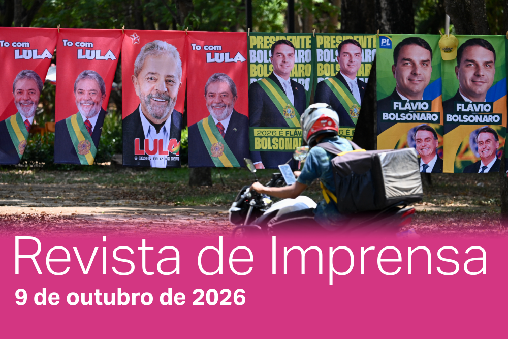Flags and towels bearing the images of Brazil's President and presidential candidate Luiz Inacio Lula da Silva and right-wing senator and presidential candidate Flavio Bolsonaro are displayed for sale on a street in Brasilia on September 30, 2026. Brazil will hold presidential election on October 4, 2026.