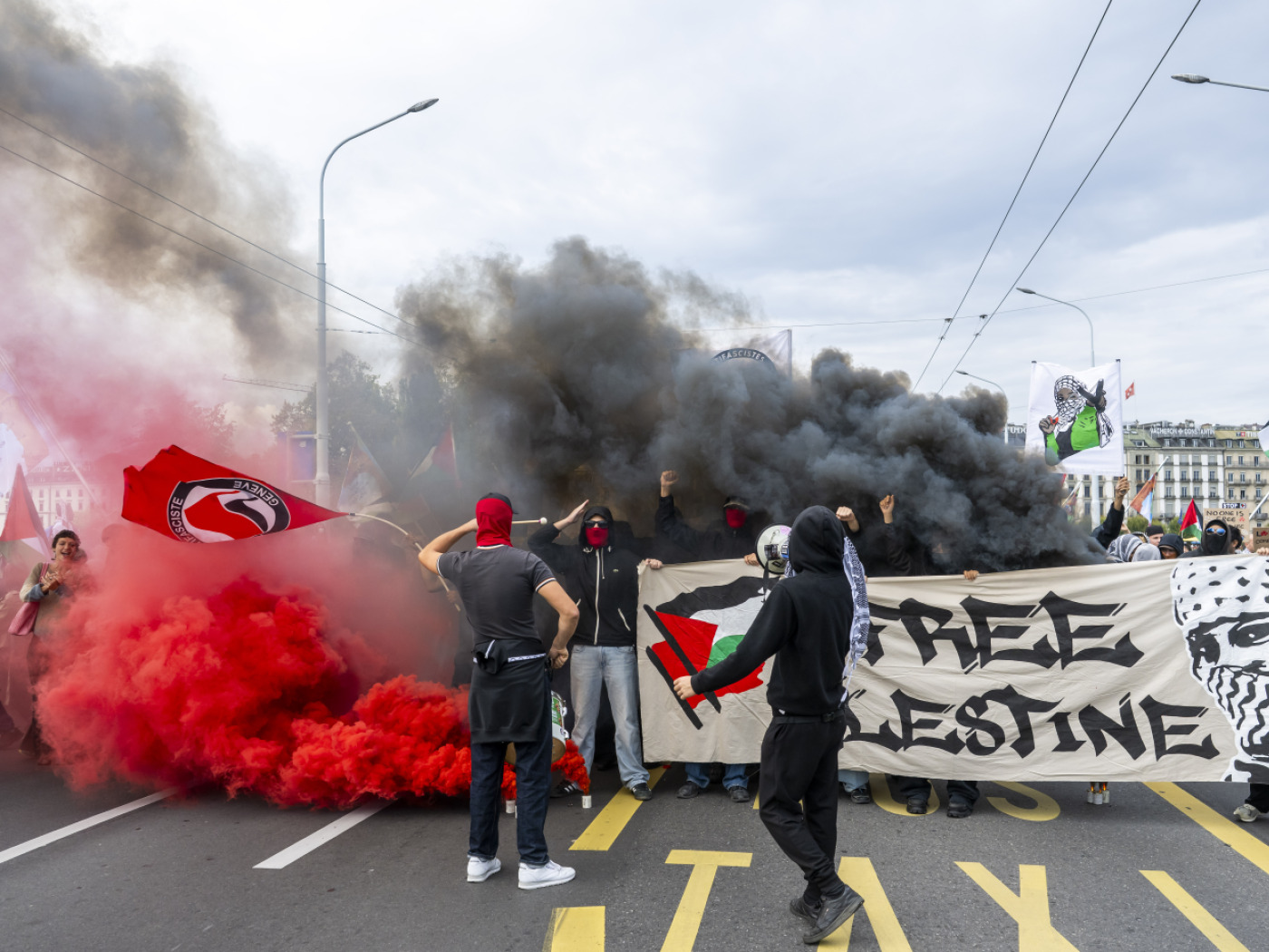 Protesters in Geneva are calling for sanctions against Israel