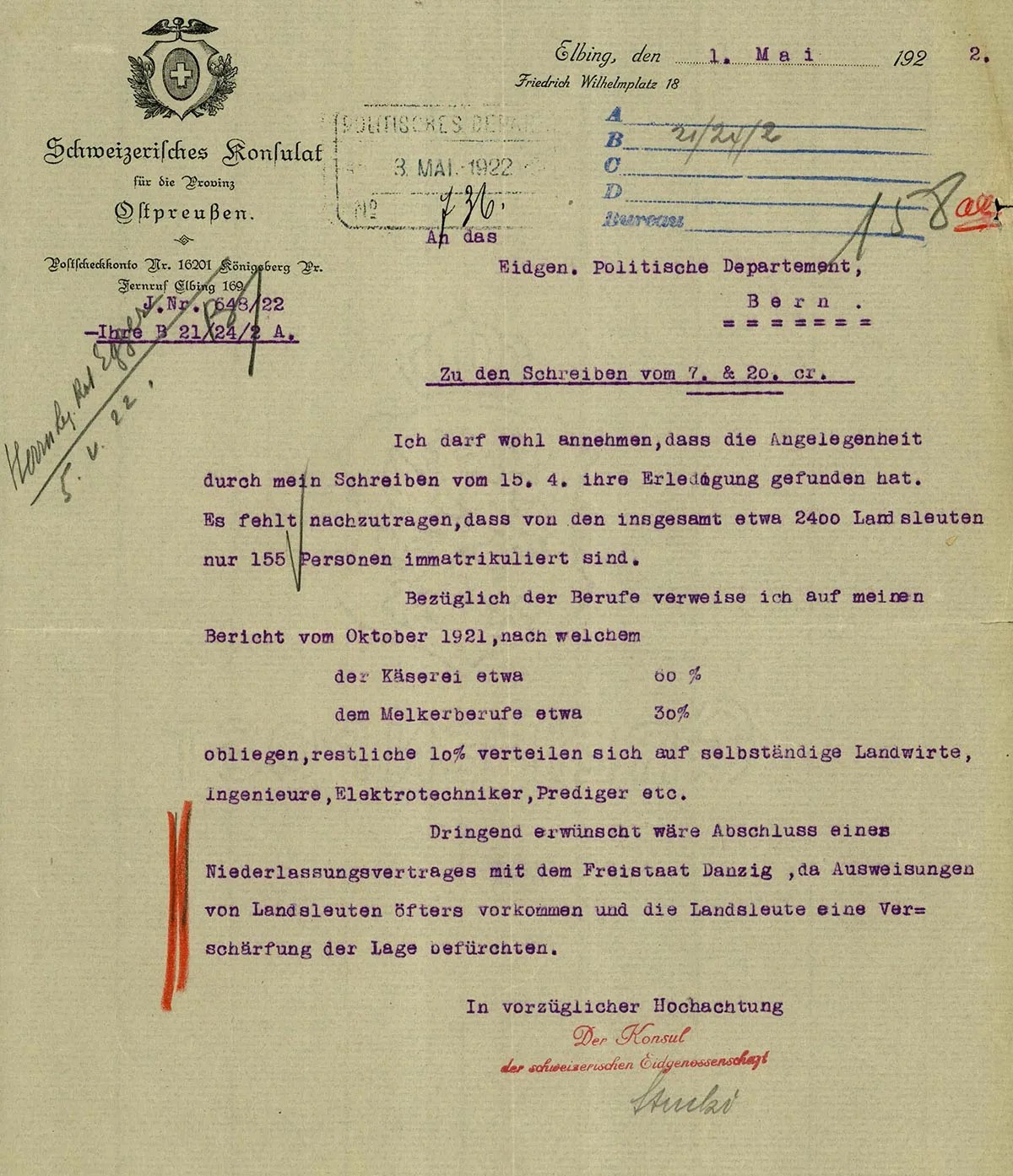 Brief des Schweizer Konsulats in Ostpreussland