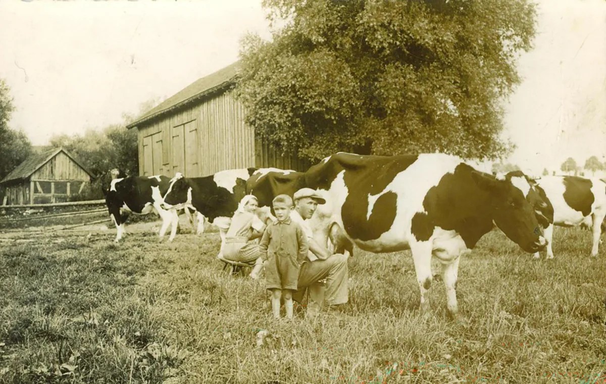 Eine Familie von Schweizer Viehzüchtern vor ihren Tieren