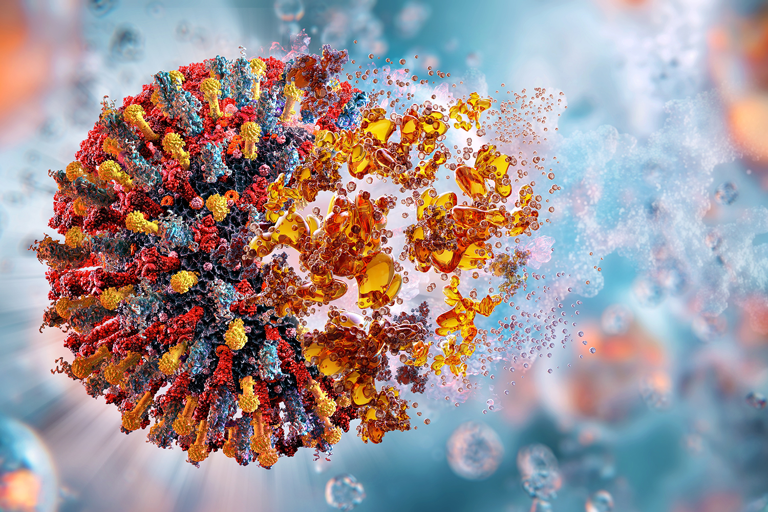 mRNA vaccine interacting with virus, viral particle destruction. mRNA vaccine development technology, human immune system combating pathogen infectious diseases, cancer.