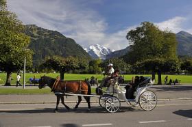 Tourists take ride in horse drawn cart in Interlaken
