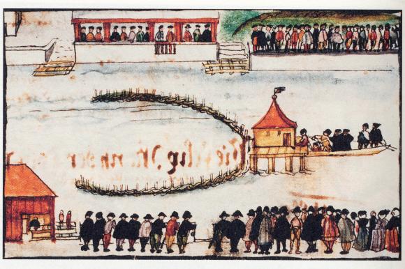 People watching the drowning of Felix Manz in Limmat River, illustration from Reformationschronik 1605