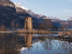 A delicately poetic 11-metre-high viewing tower at Reuss Delta by Lake Lucerne
