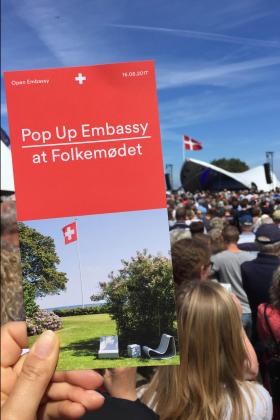 Sign of Swiss pop-up embassy at the Folkemøde on Bornholm