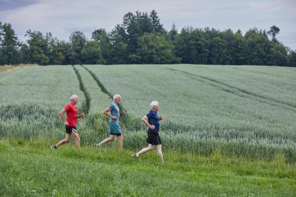 Three old age pensioners jogging in a field