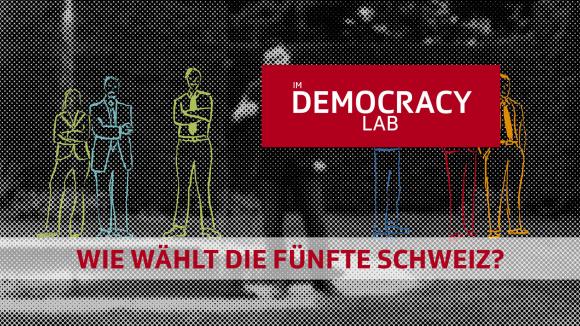 Gezeichnete Gestalten stehen vor dem Teich am Zentrum für Demokratie in Aarau.